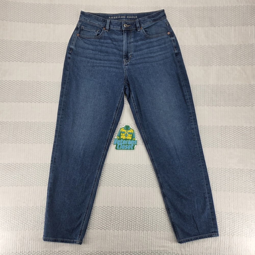 American Eagle Mom Jeans Womens 6 Long Blue High Rise Tapered Stretch Denim 32
